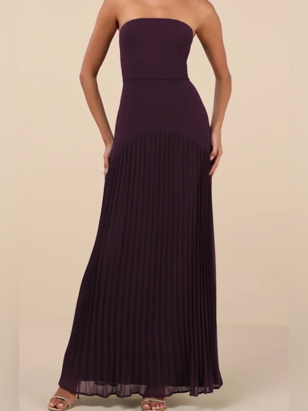 Lulu's Strapless Pleated Maxi Dress in Deep Plum